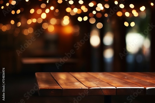 Cozy Gatherings. Wooden Round Table with Blurred Pub Background and Magical Bokeh Lights, Ideal for Intimate Dining Experiences