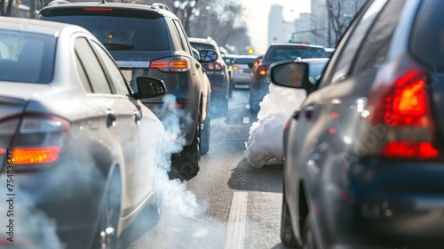 Cars stuck in traffic emitting exhaust fumes on a busy city street, depicting air pollution and urban congestion.