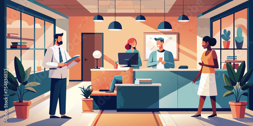 Hospital reception area with a friendly receptionist assisting visitors and patients
