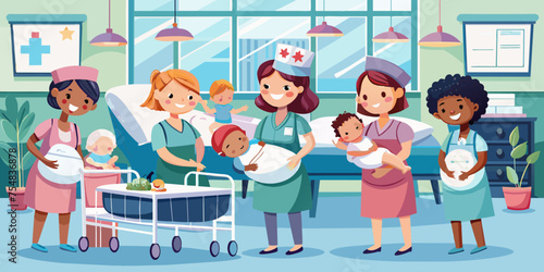 maternity ward with a joyful atmosphere as newborns are being cared for by nurses