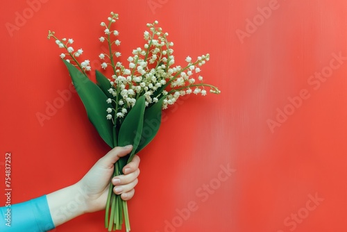 A hand presents a bouquet of Lilies of the Valley against a blue background with text celebrating May Day, Labor Day