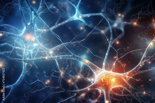Luminescent Neurons brain. Receptor system mind. Generate Ai