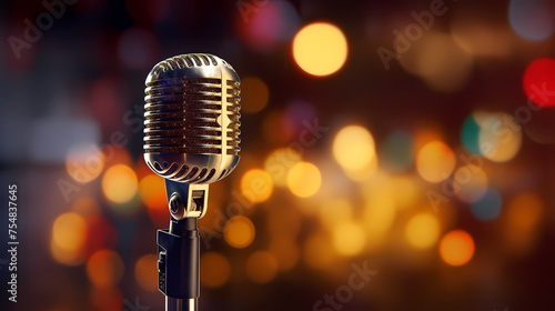Podcasting concept, microphone on blurred background
