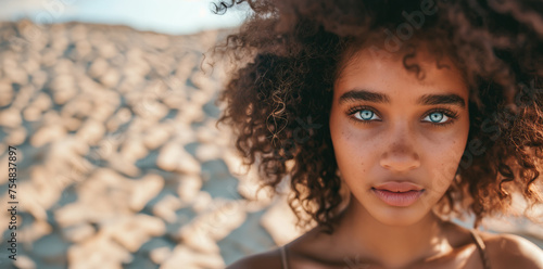 Dermatology cosmetics image of a beautiful young black woman face with blue eyes on desert background with copy space, as a symbol of dry skin