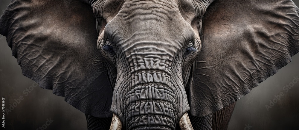 A closeup black and white portrait capturing the majestic presence of an African elephant. The elephant is standing tall, showcasing its large ears and distinctive tusks against a backdrop of A closeup black and white portrait capturing the majestic presence of an African elephant. The elephant is standing tall, showcasing its large ears and distinctive tusks against a backdrop of