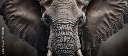 A closeup black and white portrait capturing the majestic presence of an African elephant. The elephant is standing tall, showcasing its large ears and distinctive tusks against a backdrop of