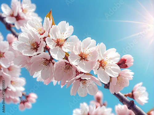 Delicate Cherry Blossoms Frame a Vibrant Blue Sky. generative AI