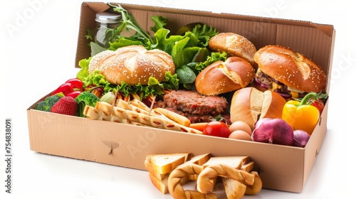 Food items in cardboard box , isolated , white background