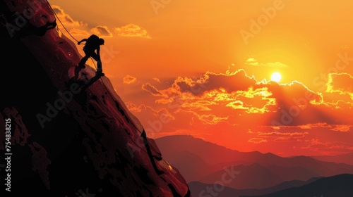 A man never gives up, strength and power. A man feels determination to climb a steep mountain.