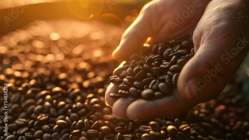 Close-up of hands tending coffee beans under sunset light. photo