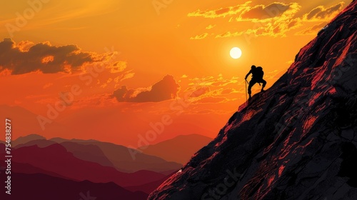 A man never gives up, strength and power. A man feels determination to climb a steep mountain.