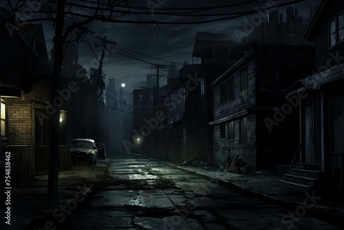 Shadowy Night dark street. House alone scene. Generate Ai