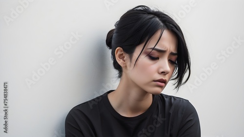 An emotional depiction of a woman gazing downwards, her expression fraught with sorrow, against the backdrop of a stark, white wall, generative AI