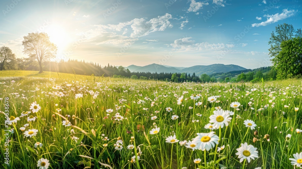 Beautiful spring and summer natural panoramic pastoral landscape with blooming field of daisies in the grass in the hilly countryside. Beautiful spring and summer natural panoramic pastoral landscape with blooming field of daisies in the grass in the hilly countryside.