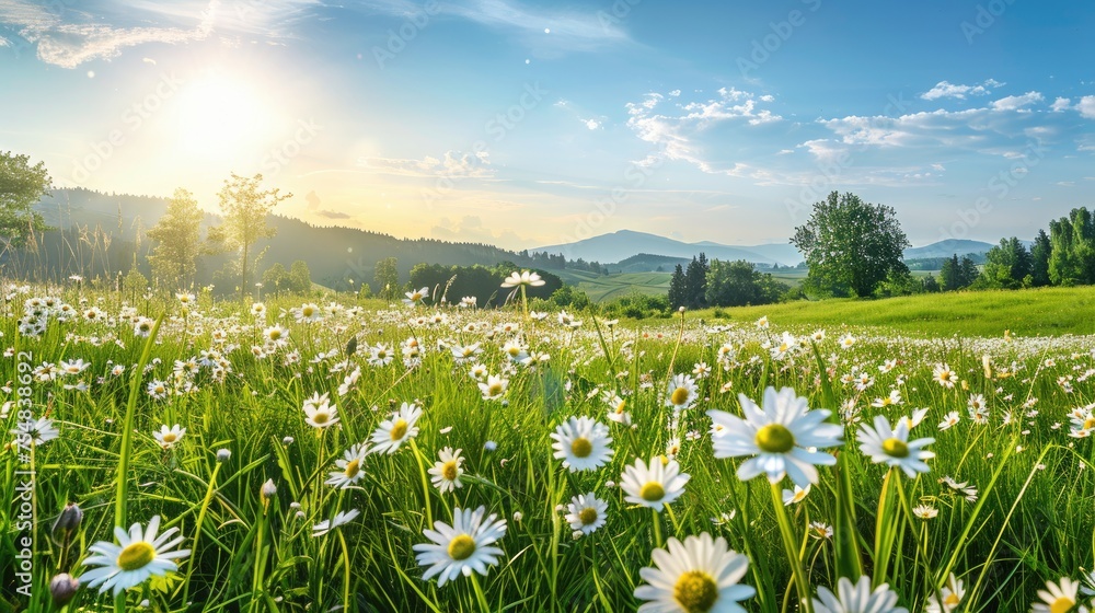 Beautiful spring and summer natural panoramic pastoral landscape with blooming field of daisies in the grass in the hilly countryside. Beautiful spring and summer natural panoramic pastoral landscape with blooming field of daisies in the grass in the hilly countryside.