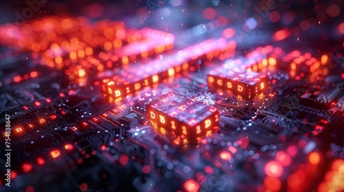 A computer chip with a bunch of red letters on it. The letters are in different sizes and are arranged in a way that they look like they are glowing. Crypto and BTC bitcoin blockchain technology