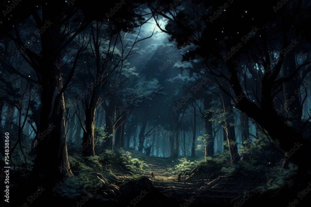 Dark Night forest jungle moon. Nature black. Generate Ai Dark Night forest jungle moon. Nature black. Generate Ai