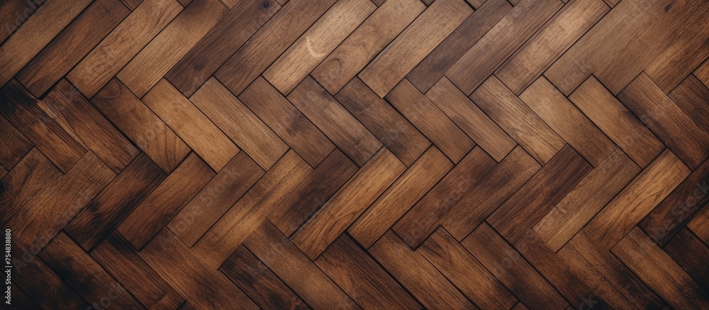 A brown old wooden parquet floor featuring a chevron pattern, creating a stylish and intricate design. The pattern consists of V-shaped planks arranged in a zigzag formation. A brown old wooden parquet floor featuring a chevron pattern, creating a stylish and intricate design. The pattern consists of V-shaped planks arranged in a zigzag formation.