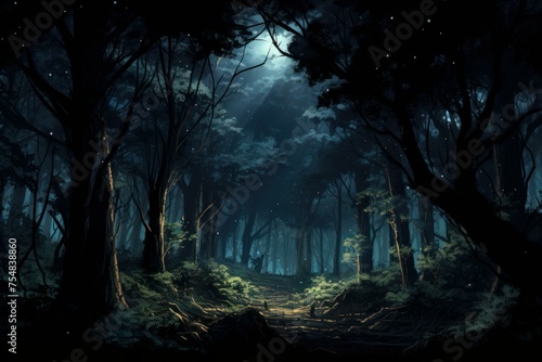 Dark Night forest jungle moon. Nature black. Generate Ai