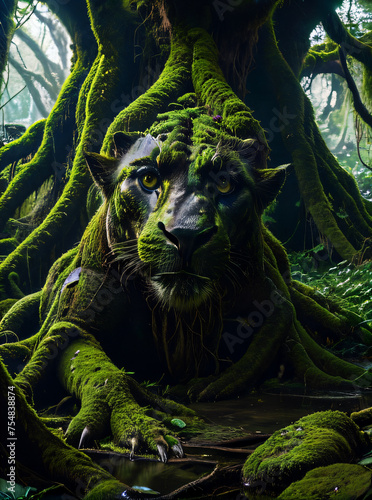 Wächter des Grünen Reichs - Ein majestätischer Panter, dessen Körper nahtlos in die üppige Vegetation eines Waldes übergeht, bewacht sein Reich. © Peter