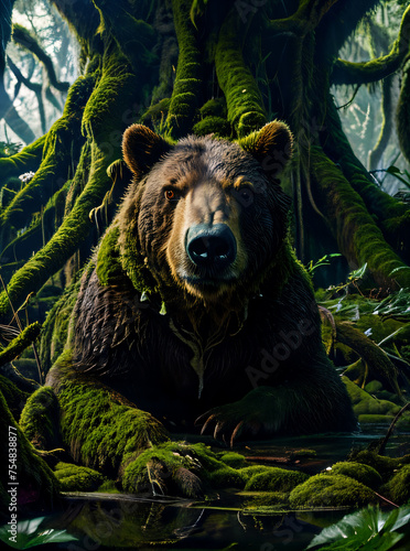 Das stille Königreich - Ein mächtiger Bär, eingehüllt in Moos und Blätter, ruht in seinem stillen Wald, umgeben von der Ruhe der Natur.