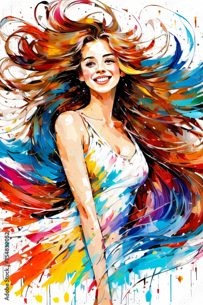 Farbenfrohe Lebensfreude - Dieses Kunstwerk zeigt eine lächelnde Frau, umgeben von einem Wirbel lebendiger Farben, die ihre Haare und Kleidung zu erfassen scheinen. Es vermittelt ein Gefühl von Freude - obrazy, fototapety, plakaty 
