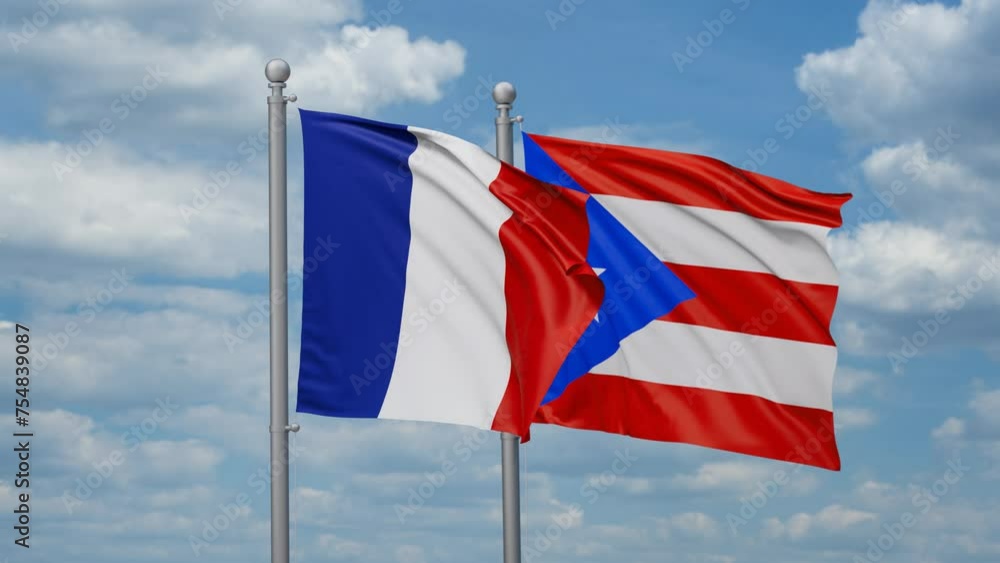 Puerto Rico and France two flags waving together, looped video, two country cooperation concept