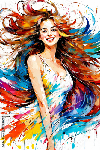 Farbenfrohe Lebensfreude - Dieses Kunstwerk zeigt eine lächelnde Frau, umgeben von einem Wirbel lebendiger Farben, die ihre Haare und Kleidung zu erfassen scheinen. Es vermittelt ein Gefühl von Freude