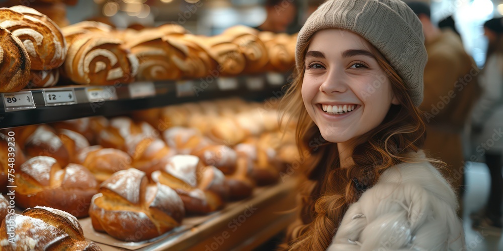 Happy and smiling people, buying bread at the supermarket bakery