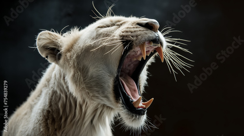 Roaring white lion close-up.