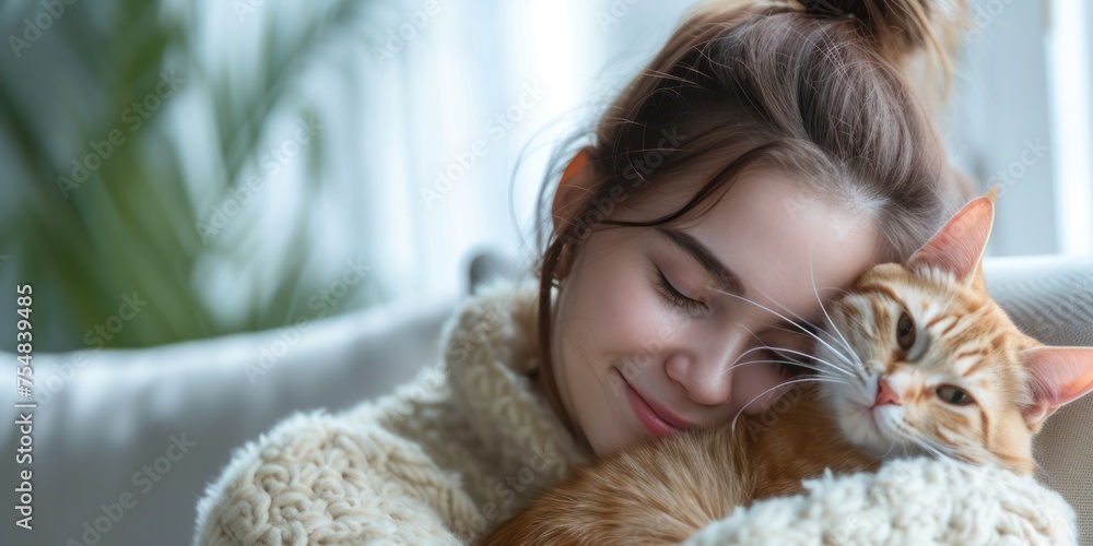 Beautiful young woman with cute cat, having fun on the sofa in the rest room. She loves cats like family Beautiful young woman with cute cat, having fun on the sofa in the rest room. She loves cats like family