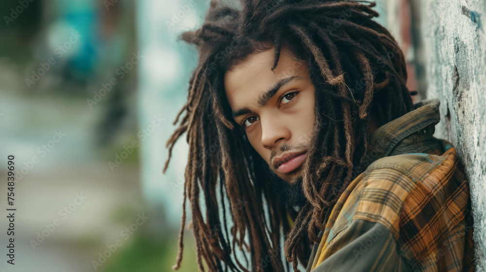 Thoughtful man with dreads leaning on wall. Thoughtful man with dreads leaning on wall.