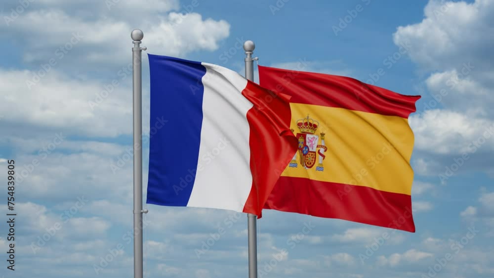 Spain and France two flags waving together, looped video, two country cooperation concept Spain and France two flags waving together, looped video, two country cooperation concept