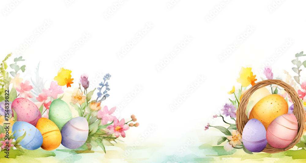 Easter background Easter eggs in a basket and  spring flowers plants and eggs tulips on a Bouquet white background 