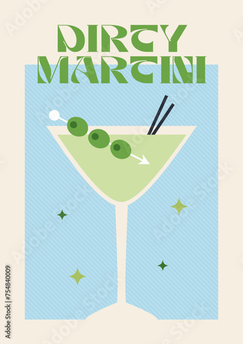 Poster drink. Cocktail art. Dirty Martini. Retro posters with alcohol cocktails. 90s 80s 70s groovy posters. Modern trendy print. Drink with fruit and ice.