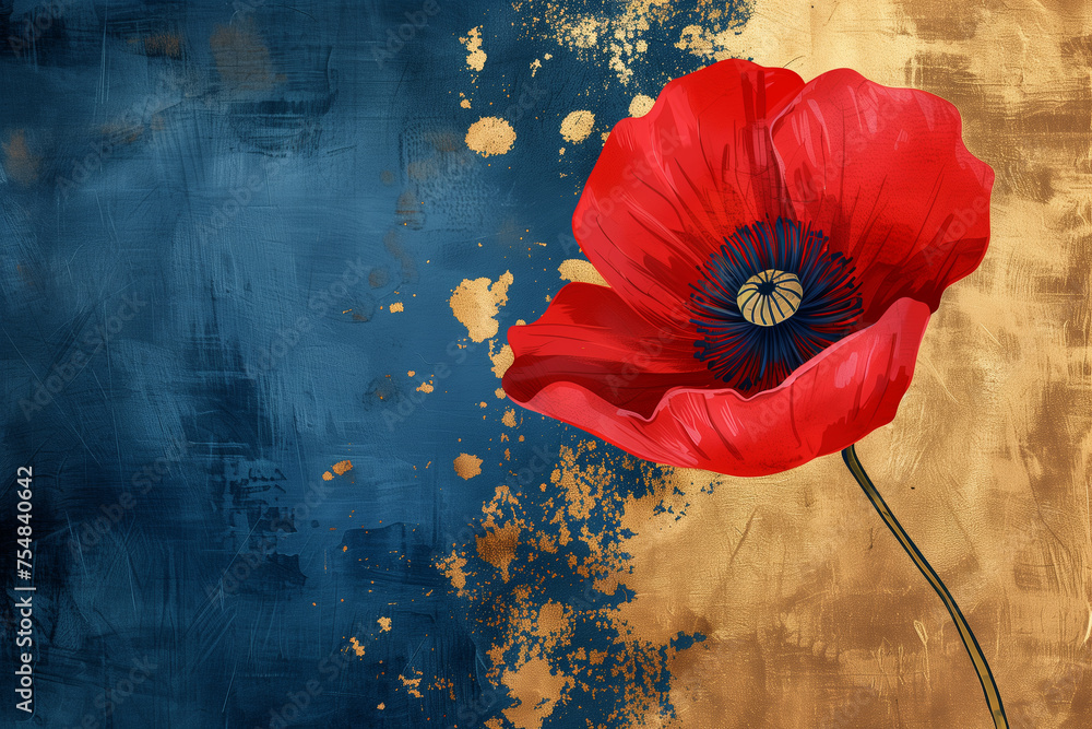 Dramatic Poppy - Striking Red Flower on a Textured Blue and Gold Background - obrazy, fototapety, plakaty 