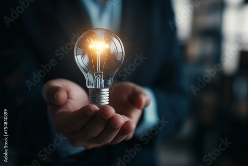 A bulb in hand of businessman creative concept focus to hand