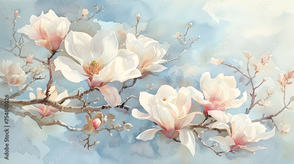 Hyper Realistic Watercolor Magnolia Flowers, To provide a high-quality and detailed watercolor painting of magnolia flowers for use in various