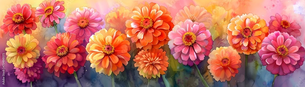 A painting of a field of flowers with a bright orange and pink color scheme