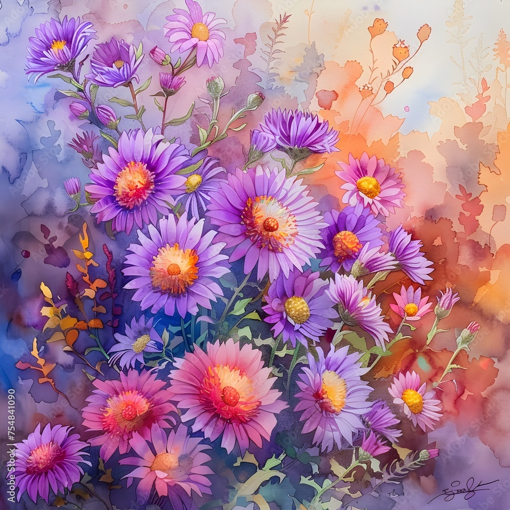 Fototapeta premium Vibrant Autumn Asters Watercolor Painting, This watercolor painting of asters in autumn is perfect for capturing the essence of falls beauty and