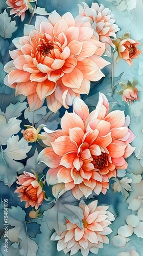 Watercolor Illustration of Pink and Orange Chrysanthemums and Dahlia Flowers, To provide a beautiful and high quality watercolor illustration of pink © Wuttichai