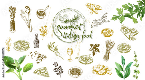 Gourmet Italian food set - Italy, vector design of typical foods of mediterranean cuisine. Herbs of italian cuisine with elements of food such as pizza, pasta, antipasti and vegetables.