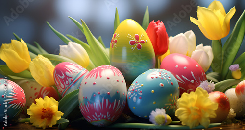 Happy Easter background with tulips Easter decorated pastel eggs in flowers. 