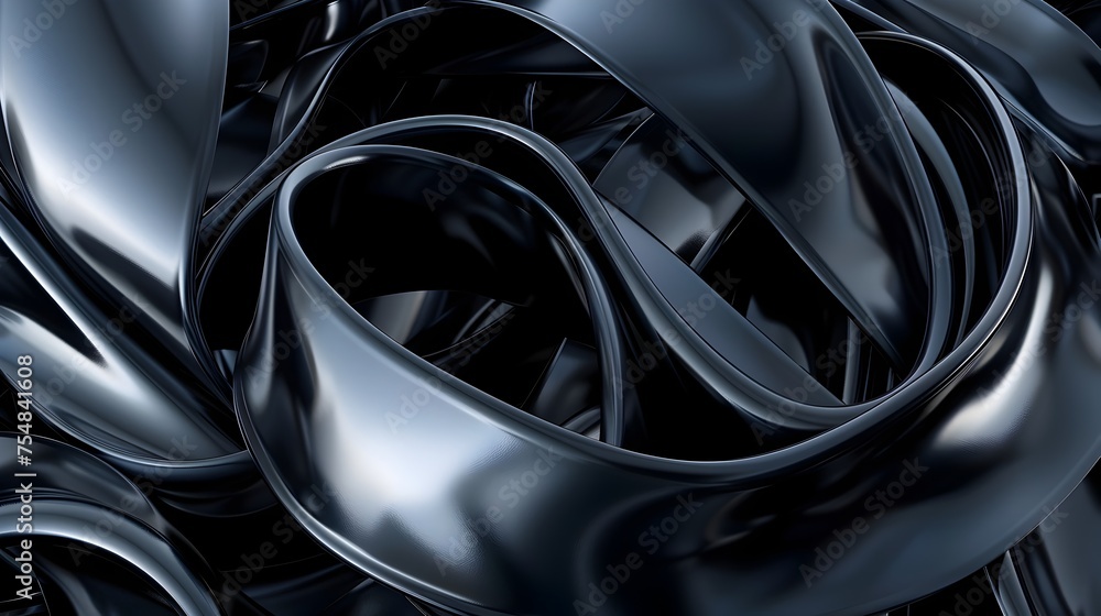 High Resolution 3D Render of Elegant Silver Ribbon Swirls on Dark Background