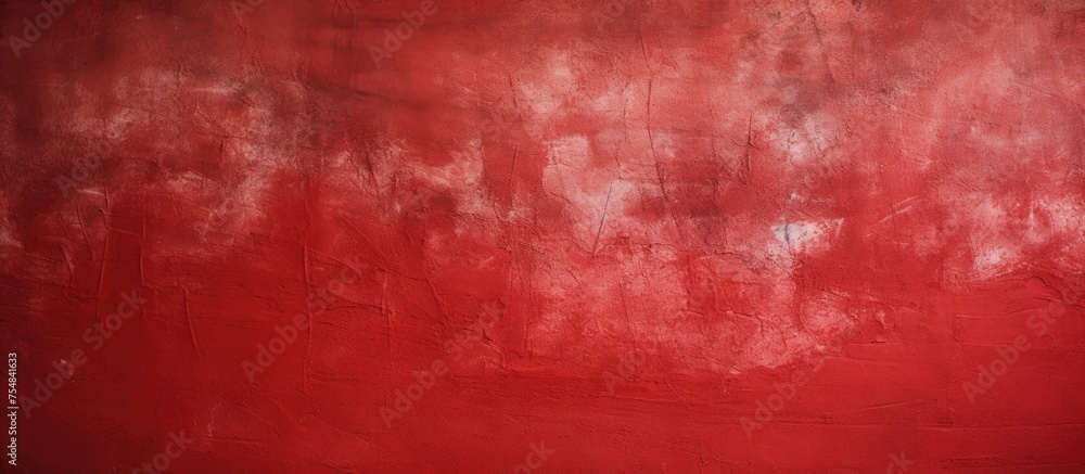 A painting depicting a textured red wall with white clouds floating across the sky. The contrast between the bold red and soft white creates a striking visual impact.