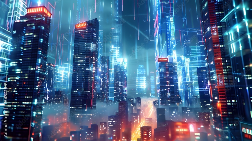 Dynamic Nighttime Metropolis A Futuristic 3D City with Vibrant Holographic Displays