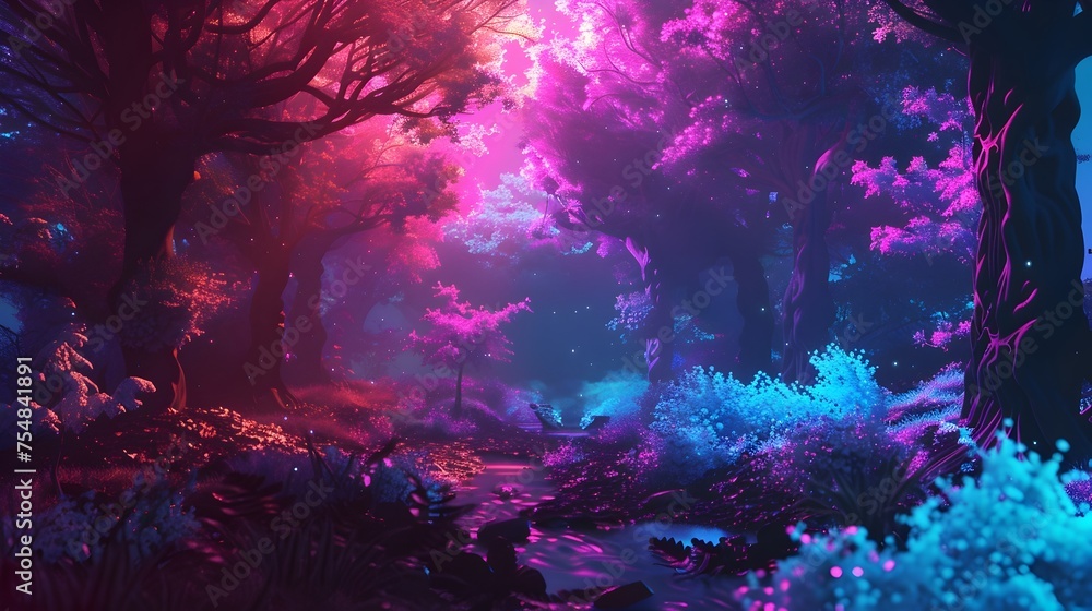 Neon Flora Abstract Forest Emanating Ethereal Glows in a Mystical Landscape