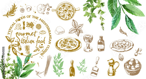 Gourmet Italian food set - Italy, vector design of typical foods of mediterranean cuisine. Herbs of italian cuisine with elements of food such as pizza, pasta, antipasti and vegetables.