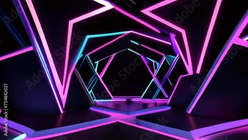 Wallpaper Mural Video, abstract background. Neon multi-colored geometric shapes of pink and blue on a dark background, tunnel. AI generative. Torontodigital.ca