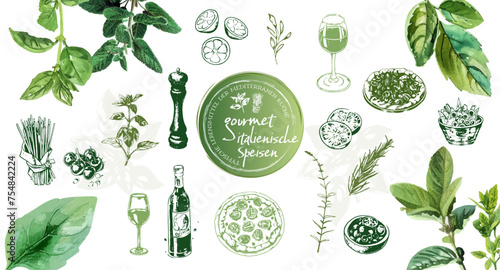 Gourmet Italian food set - Italy, vector design of typical foods of mediterranean cuisine. Herbs of italian cuisine with elements of food such as pizza, pasta, antipasti and vegetables.